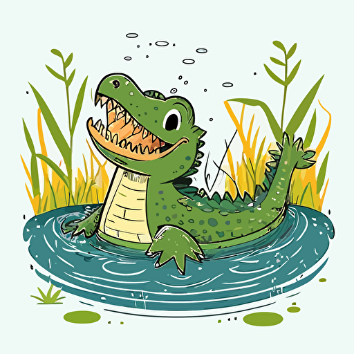 smiling baby alligator swimming in a river, flat color vector art