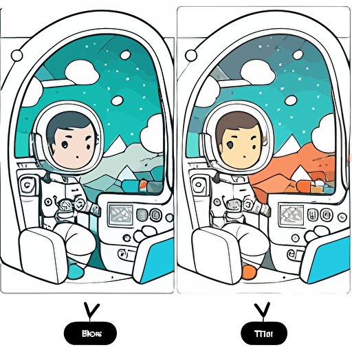 draw a 2D vector, cartoon, happy scene about astronaut, a simple drawing, in color but bordered with a black line, flat drawing and without details on a white background