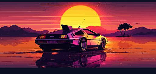 tycho cover art style delorean with sunset in background, vector, neon colors
