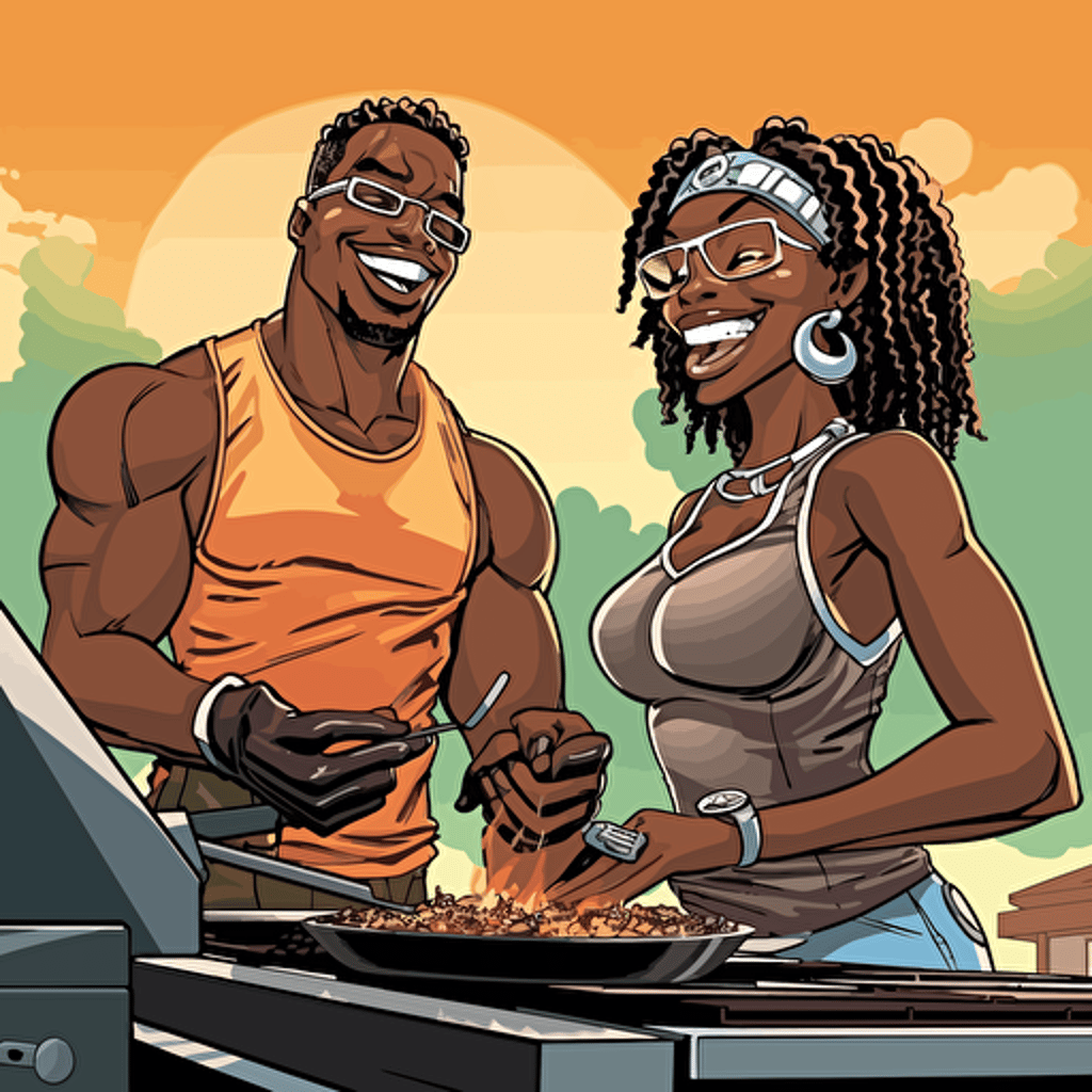 dojinshi manga style, ecchi, black flirty couple, summer BBQ ,black busty lady wearing a bikini, black man extremly muscular, laughing, flirty, sexy, they stand confidently in front of a grill, iconic, Atlanta, Georgia, warm and earth tones, vector, high res, art directed by Art Paul, 9:16