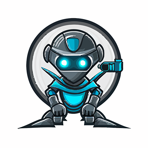 a mascot logo of a robot under a magnifying glass, simple, blue and dark gray, cartoony, vector
