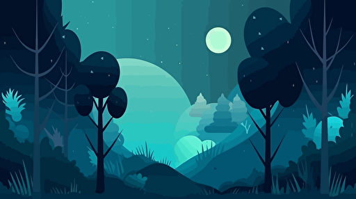 Fantasy flat cover 2D art of a blueish and greenish forest with a few fuzzy fireflies, simple flat natural elements and few animals. moon in the distance, dark pinetrees, flat color, grainy gradient shadows, vector style.