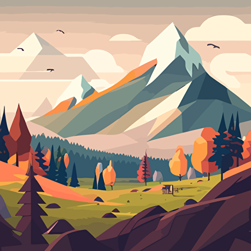 background, vector, illustrator, mountains, fields, forests, soft style, colorfull, 2d, minimalism, game art, simple