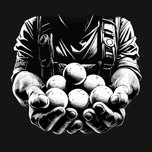 holding balls, vector icon, call of duty perk, comic book style, black background, black and white, no text