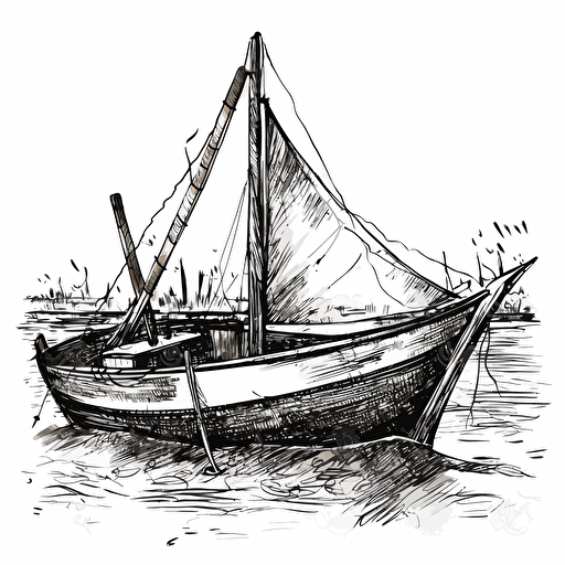 illustration of a boat on water, black ink, vector isolated on white
