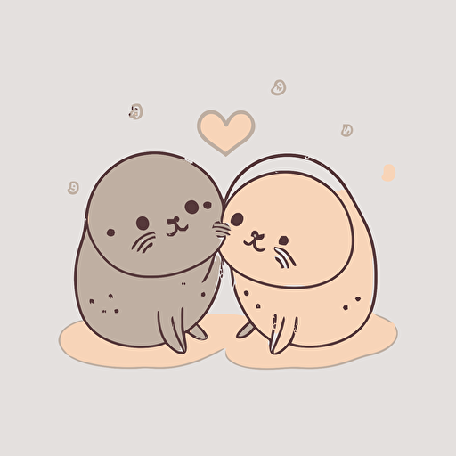 superflat kawaii cute anime vector illustration of two seal in love, kawaii, white background, extremely few outline stroke, simple illustration, 2d