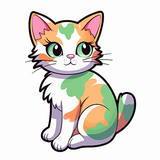Vector art of a calico cat, illustration stickers, vivid colors, colorful, pastel cute colors, white background