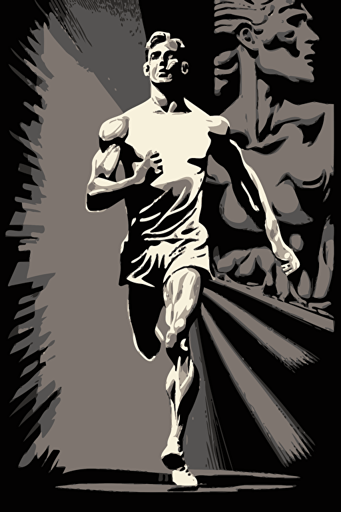 abstract outdoor jogging man, grey and white colors, pop art deco illustration, hand vector art, black background,