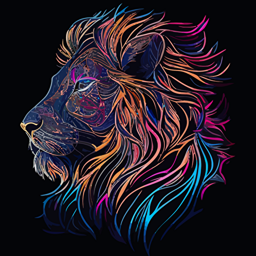 Lion, sticker, triumohant, neon, anime, contour, vector, black background, detailed