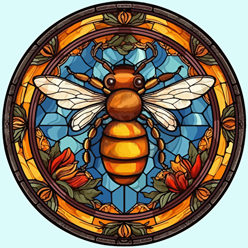 circluar stained glass window, bee amd florals, hyper detailed, epic composition, vector design on the edges of the image