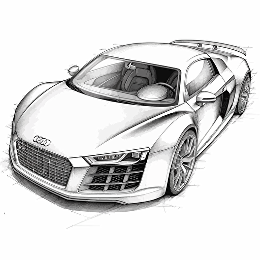 Coche hiper realista, Audi R8, fondo blanco, cuerpo completo, imagen, estilo de libro para colorear sobre fondo blanco, bien compuesta, página de libro para colorear limpia, sin interpolación, sin degradado, contorno fuerte, sin relleno, sin sólidos, sin sombreado , ilustración vectorial, –ar 9:11