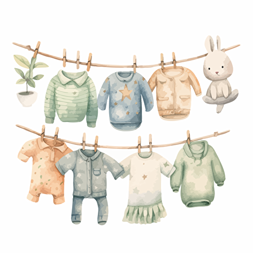 whimsical and cute watercolor design of gender neutral baby clothes hanging on clothespin, neutral colors, detailed, vector