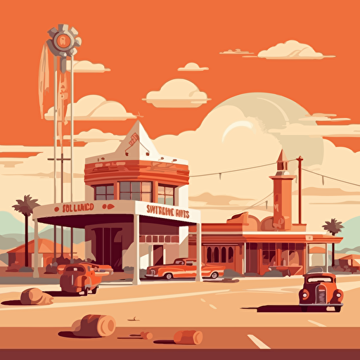 desert town, with gas station and caravans, sunny, mondo poster, silhouette, minimal illustration, vector art, dkng style, 5 retro colours