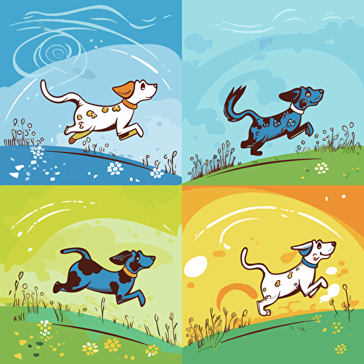Four playful and cheerful cartoon dogs running and playing in a green field, each with unique markings and colors, against a bright blue sky, hand-drawn and colorful, simple clean vector