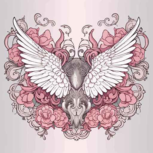 Illustration, one big pair of white angel wings, no body, just the wings, pink flowers outside the wings, simle mandala background, waterhouse style, vector