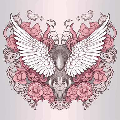 Illustration, one big pair of white angel wings, no body, just the wings, pink flowers outside the wings, simle mandala background, waterhouse style, vector
