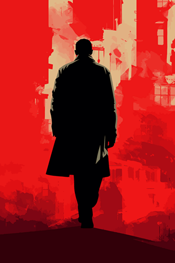 a man wearing a coat and walking on a red background, in the style of simplistic vector art, cityscape, film noir, poster art, realist detail, careful composition, stencil-based