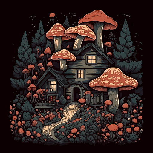 Cabin mushroom forest cottagecore vector design on black background
