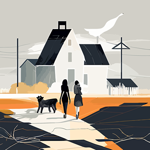 vector style two women standing at a crossroads with children and dogs farm house in background clean minimal abstract surrealism V 5