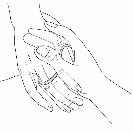 a couples hands holding each other, with rings, line drawing style, white background, vector