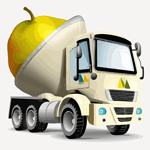 concrete mixer truck with pear fruit, vivid colors, white background, vector style