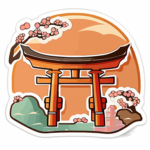 sticker, map of japan, torii gate, kawaii, contour, vector, white background