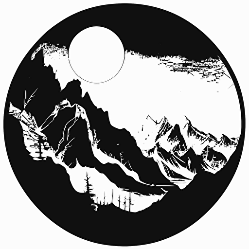 fantastical vast mountain range drawing, monotone, single layer, no shadows, #000000, 700mm diameter perfect circle, black outer border, vector art, daytime