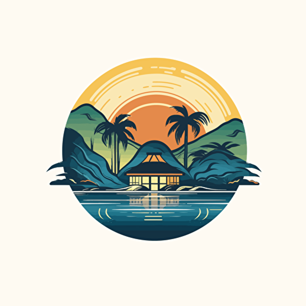 Beautiful logo, abstract vector, luxury cabanas, cabanas are close to the top of a hill, the hill is next to a lake