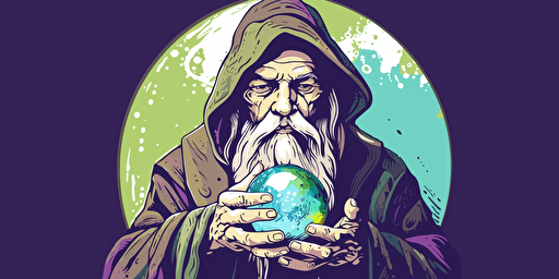 vector illustration designmilk of a good wizard looking into a crystal ball palette is purple, blue, and green, white background
