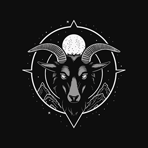 occult moon with a goat eye inside logo, flat vector, black and white