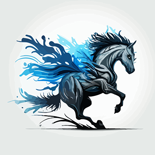 vector Logo design style, 3 color tone, black, grey, cerulean blue, the mythological Sleipnir galloping on SIX legs