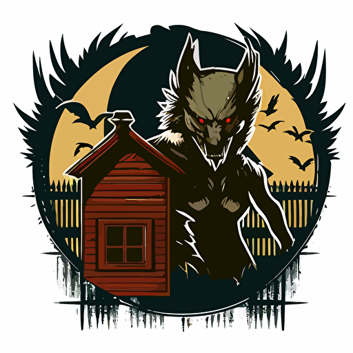 werewolf in front of a chicken coop, vector logo, vector art, emblem, simple cartoon, 2d, no text, white background