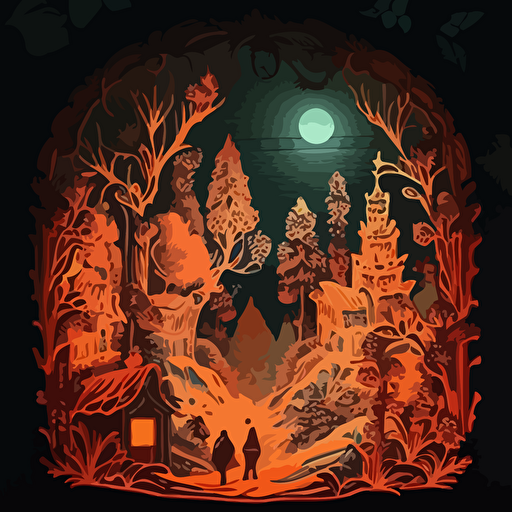 a cave in the mountains with vector woodcut filligrees golden and shimmering beautiful in the dusk and full of shadows::1 russian folk art::2 conte crayon charcoal brush smudge on vellum illuminated manuscript::1