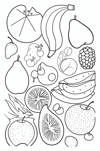 colouring book for kids, various fruits separated by space, cartoon style, vector, little detail, no shadow, black and white, white background