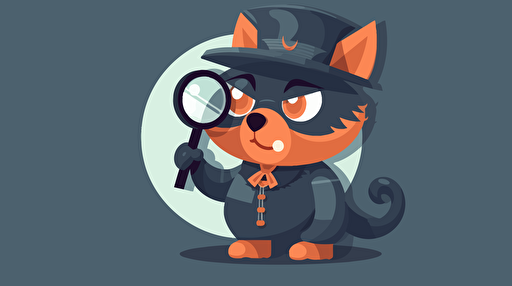 vector illustration, inspector cat, magnifying glass, grey background