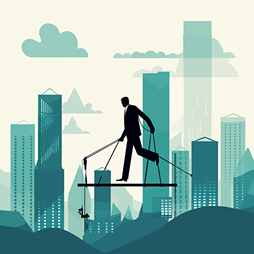 a city scape with an office worker wearing a suit and clearly holding a large briefcase, swinging between building holding onto a rope