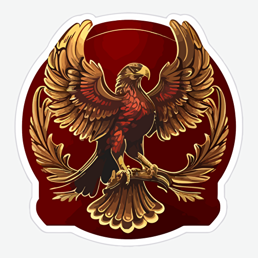 a vector cartoonish image of a gold falcon heraldry on a red sticker, transparent background sticker