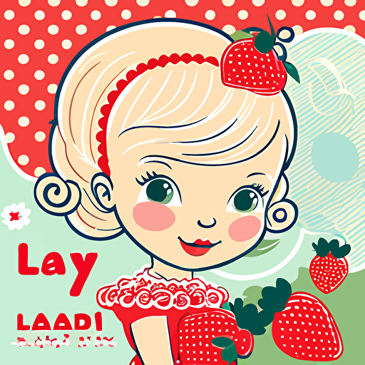 Title: "Leana's 1st Birthday", vector art illustration for an invitation to a first birthday party, strawberry theme, a girl with short, blonde hair and blue eyes, happy mood, cute style, Light_Red, white background