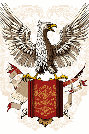 In this remarkable vector image, the majestic Polish White Eagle, adorned with a golden crown on its head and golden talons, is depicted soaring triumphantly as it descends to grasp a large ancient book with its powerful talons. The artwork captures a moment of victory and wisdom, symbolizing the rich history and cultural heritage of Poland. White background, red and golden accents, detailed, modern