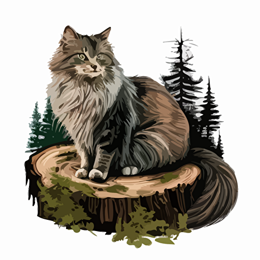 norwegian forest cat sitting on a log illustartion svg vector style