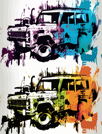 4x4 car, clip art, vector image, grunge elements, white background, only ten colors