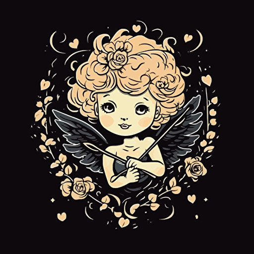 cute vector art cupid with bow and heart arrows in air black background
