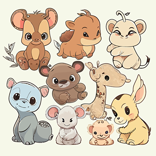baby animals, Sticker, Lovely, Pastel, Disney Pixar, Contour, Vector, White Background, Detailed