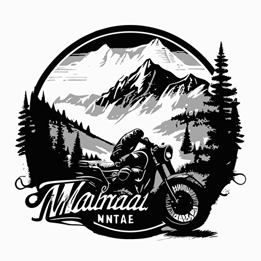 NineT scrambler motorcycle and new Ford mustang in front of the mountains, logo, vector, black and white
