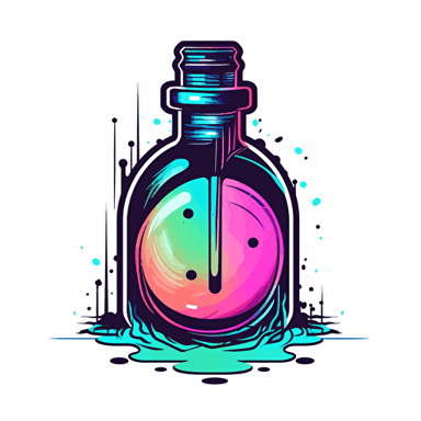 Logo with thin pure black outline, pure color bands, glitch matrix, Brian Eno, synthwave, cyberpunk inspired, white background, colorful, cel-shaded potion bottle in cyberpunk style, prop design, contour, vector art