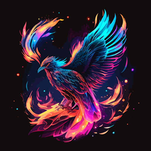 phoenix rebirthing and rising from the ashes through consciosuness expansion. Neon pink and blue fire, galaxy golden light black vector illustration