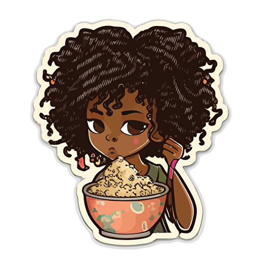 cute young black girl with natural hair eating ramen sticker art, vector, cut sticker