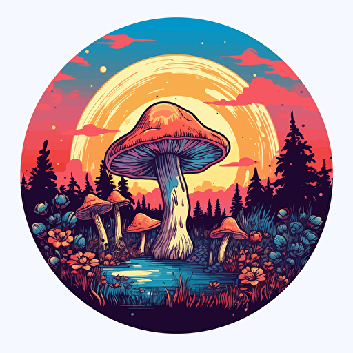 Magic Mushroom field in a circle logo. vector imaging, cartoon illustrated, shading, and colorful.