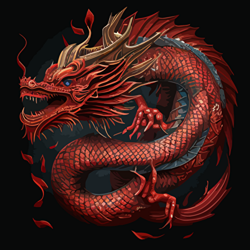 a flying chinese dragon, red::2, blue::0.5, gold::0.2, vector art