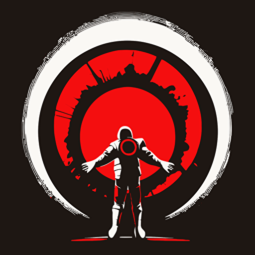 Astronaught standing straight up, arms wide, flat vector logo of circle, red black gradient, simple minimal